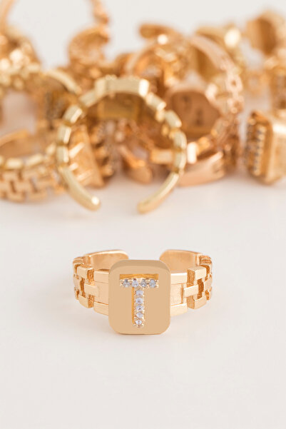 Sortie Aksesuar Zirkon Taşlı Boyu Ayarlanabilir Pirinç Harf Yüzük T