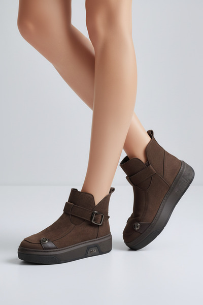 HOSBUTIK Genuine Leather Brown Women's Boots with Suede Inside and Natural Fur