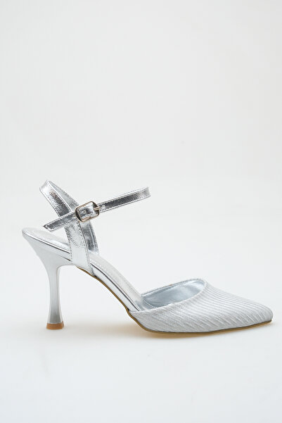 BEEKAMI Silver Sparkling Goblet Heel Pointed Toe Ankle Strap Evening Dress Shoes