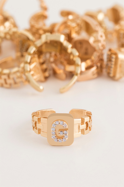 Sortie Aksesuar Zirkon Taşlı Boyu Ayarlanabilir Pirinç Harf Yüzük G