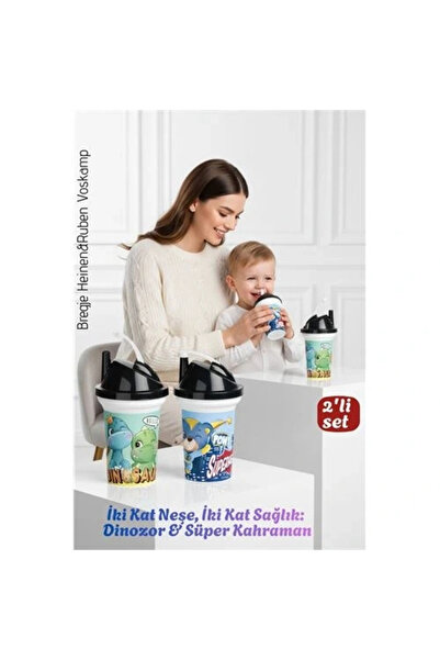 shopwave Children's Straw Cup Set of 2 Dinosaur & Superhero Double Fun Lid Water Bottle Flask 300 ml