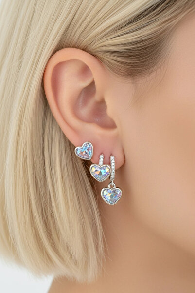 PRVT YSX 14K Altın Kaplama Aurora Borealis Zirkon Taşlı Kalp Tasarım Asimetri...