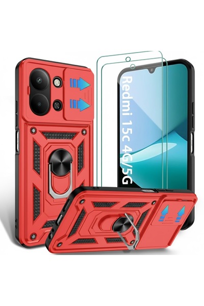 Kipgsm Xiaomi Redmi 15C Uyumlu Ekran Koruyucu+Kılıf Sürgülü Yüzüklü Standlı D...