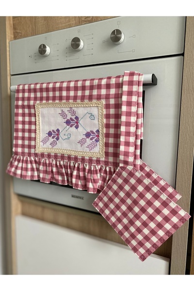 Parla Life Mor Pötikare Kanaviçe Detaylı Fırfırlı Ocak Örtüsü x Tutacak (kana...