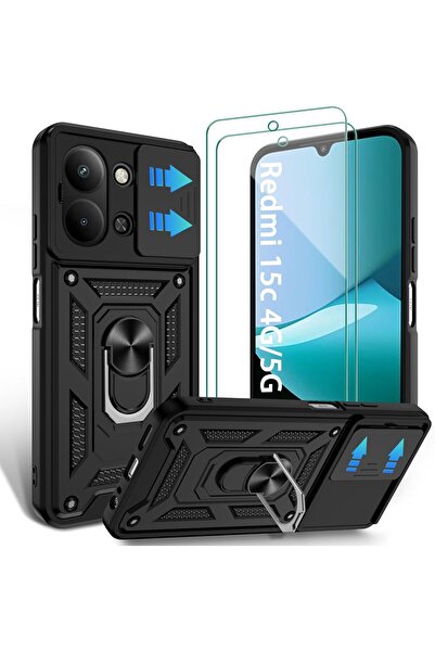Kipgsm Xiaomi Redmi 15C Uyumlu Ekran Koruyucu+Kılıf Sürgülü Yüzüklü Standlı D...