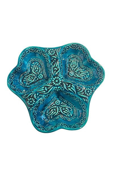 Ceramillion Turkuaz Kabartma Laleli Üçlü Çerezlik