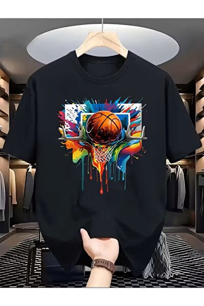 LELVANİ تي شيرت بتصميم كرة السلة - تصميم حلقة باللون الأزرق الملكي