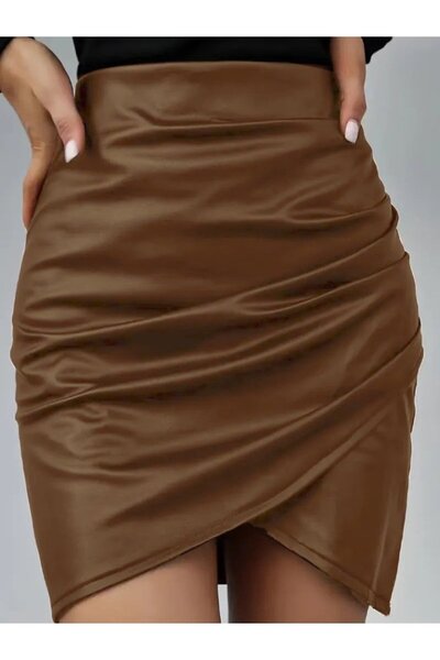 Giyimodam Women's High Waist Side Zipper Pleated Mini Leather Skirt