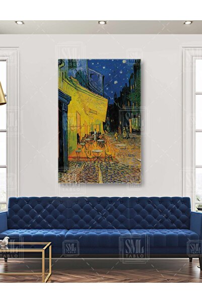 SML TABLO Van Gogh Terasta Kara Gece Cafe Terrace Night Başyapıt Dikey Kanvas...