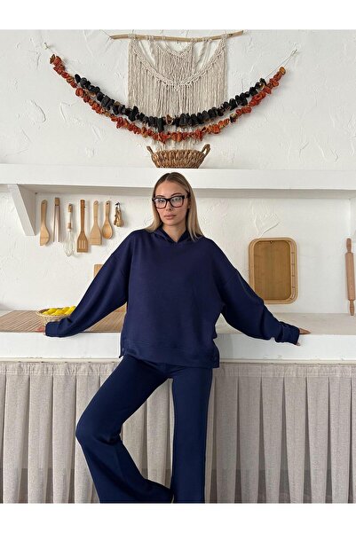 Gülümse boutique Women's Navy Blue Hooded Oversized Set - Flared Pants & Swea...