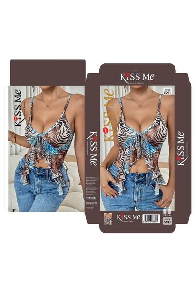 Modaley Giyim Women's Patterned Drawstring Ruffled Bustier Top