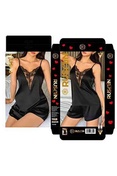 PİERLES Women's black lace detail satin cami and shorts pajama set