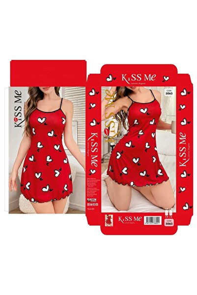 SİERNA Women's red heart patterned thin strap nightgown