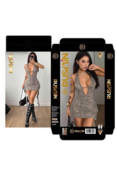 PİERLES Women's leopard print deep v-neck mini night dress