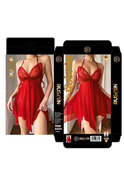 SİERNA Women's red butterfly patterned transparent nightgown with straps