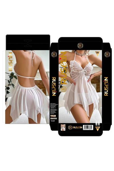 Modaley Giyim قميص نوم نسائي أبيض من الدانتيل بأشرطة شفافة