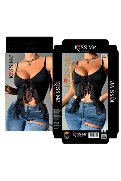 Modaley Giyim Women's Black Drawstring Ruffled Chiffon Bustier Top