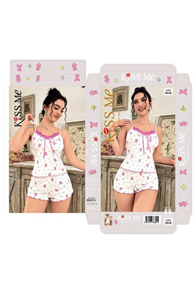 PİERLES Women's white teddy bear print lace-trimmed cami and shorts pajama set