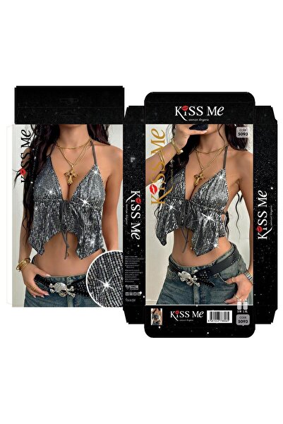 Modaley Giyim Women's Silver Sequined Drawstring Bustier Top