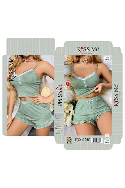 Pi Giyim Women's Green Lace Detailed Buttoned Corded Fabric Strap Shorts Pajama Set