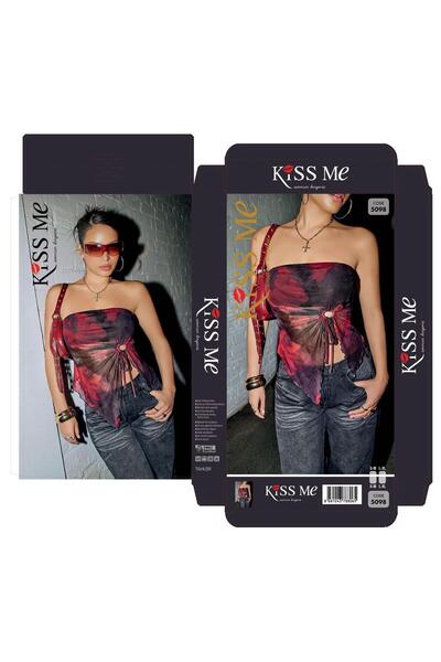 Modaley Giyim Women's Red Black Patterned Drawstring Bustier Top