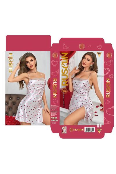 Modaley Giyim Women's White Heart Patterned Lace Satin Strap Nightgown