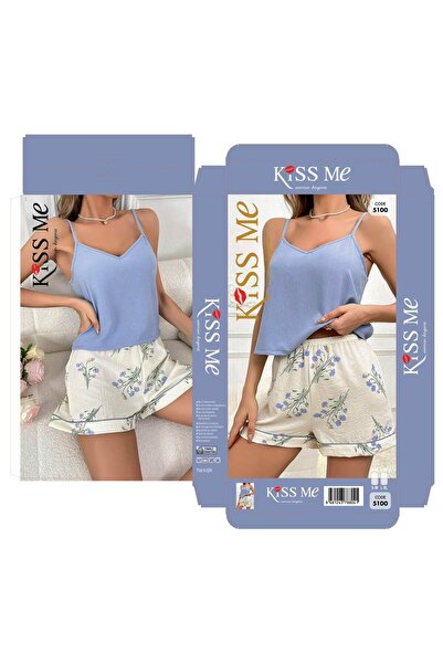 SİERNA Women's Blue Floral Patterned Suspender Shorts Pajama Set