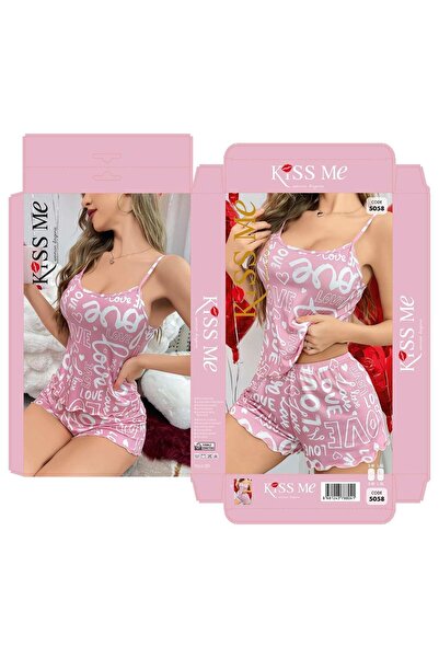 SİERNA Women's pink love patterned pajama set with strappy shorts