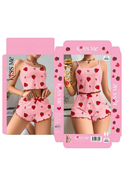 PİERLES Women's pink strawberry print pajama set with shorts and straps
