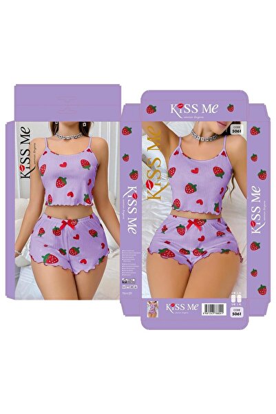 Modaley Giyim Set de pijamale pentru femei, cu model de căpșuni liliac, cu pa...