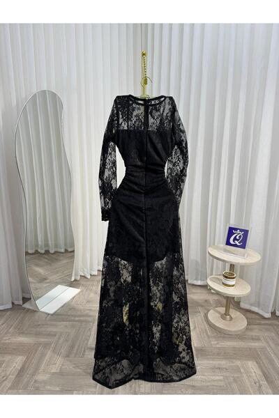 haninline black lace evening dress