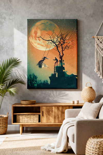 ART NEST DEKOR AY VE AĞAÇTA SALLANAN KADIN CANVAS TABLO