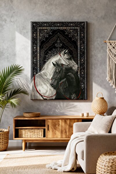 ART NEST DEKOR SİYAH HALI DESENLİ ASİL ATLAR CANVAS TABLO
