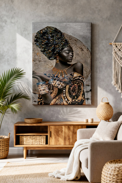 ART NEST DEKOR SARI ELBİSELİ AFRİKALI KADIN CANVAS TABLO