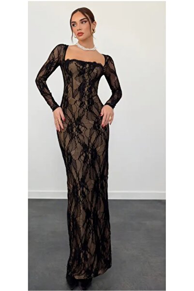 NİSANURTEKSTİL Dantelli uzun elbise