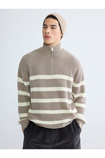LC Waikiki Xside Zippered Mock Neck Striped Men's Knitwear Sweater