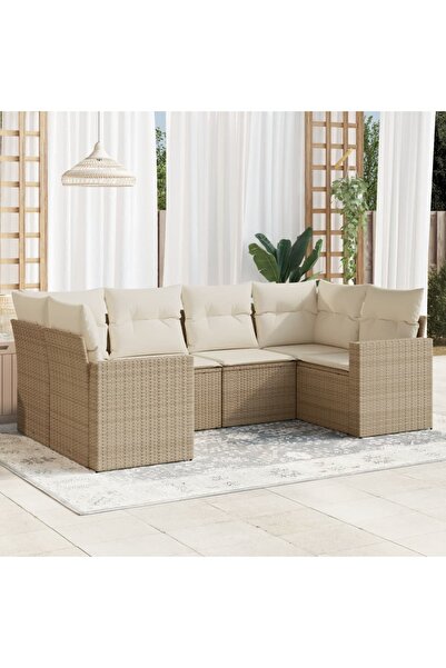 vidaxl طقم كنب حديقة مكون من 6 قطع مع وسائد، لون بيج، مصنوع من البولي راتان
