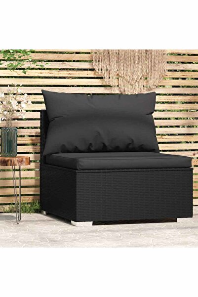 vidaxl Garden Middle Sofa with Cushions Black Poly Rattan