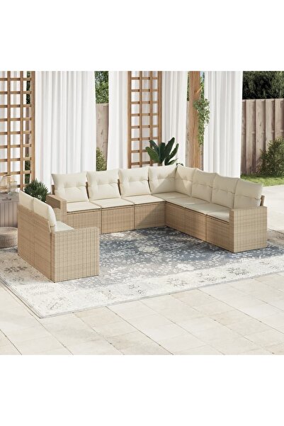 vidaxl طقم كنب حديقة مكون من 9 قطع مع وسائد، لون بيج، مصنوع من البولي راتان