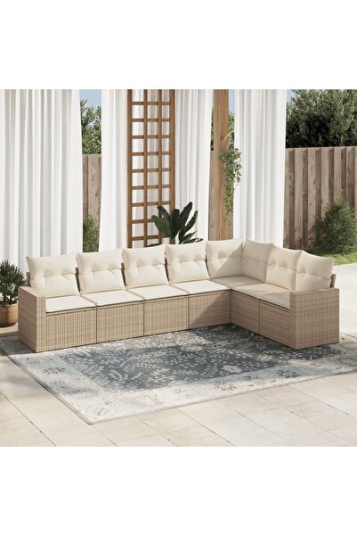 vidaxl طقم كنب حديقة مكون من 7 قطع مع وسائد، لون بيج، مصنوع من البولي راتان