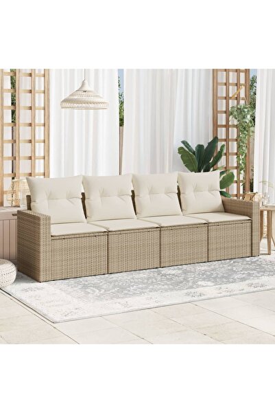 vidaxl طقم كنب حديقة مكون من 4 قطع مع وسائد، لون بيج، مصنوع من البولي راتان