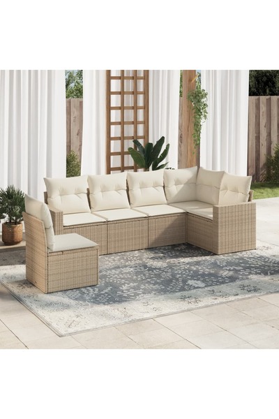 vidaxl طقم كنب حديقة مكون من 6 قطع مع وسائد، لون بيج، مصنوع من البولي راتان