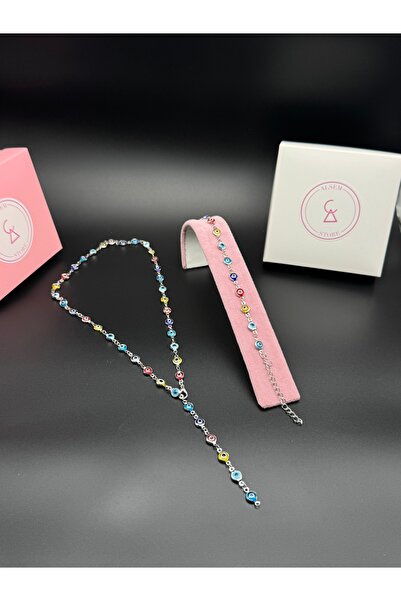 Alsem 925 Ayar Gümüş Kaplama Renkli Nazar Boncuklu Y Kolye ve Bileklik Seti ,...