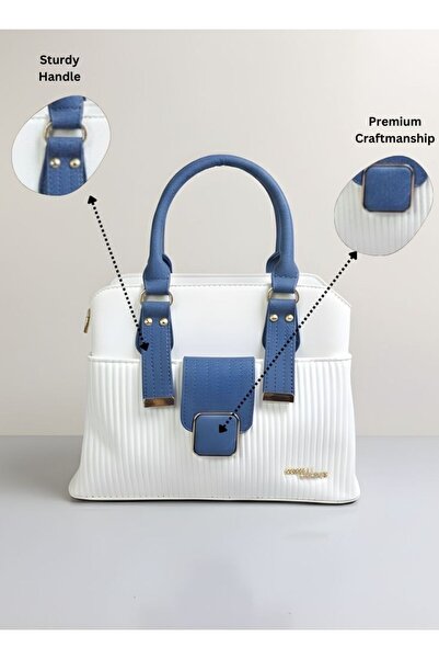 Premium White & Blue Structured Handbag for Women with Sturdy Top Handle