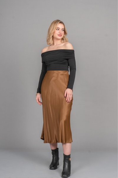 MissVina Satin Fabric Patterned Skirt with Elastic Waist 6679
