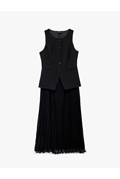 Koton Crew Neck Sleeveless Tiered Buttoned Pocket Detail Flared Long Dress