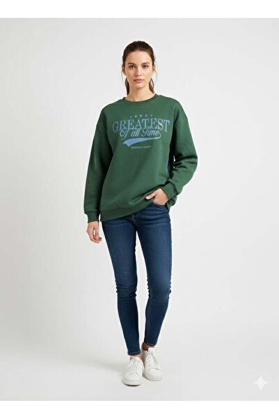 ribana Women's Three Thread Sh Fleece-Lined Sweatshirt with Denim and Button Detail on the Back B Printed Crew Neck Sweatshirt