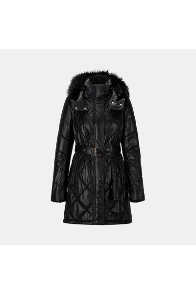 Desa Kadın Siyah Hakim Yakalı Kapüşonlu Deri Mont