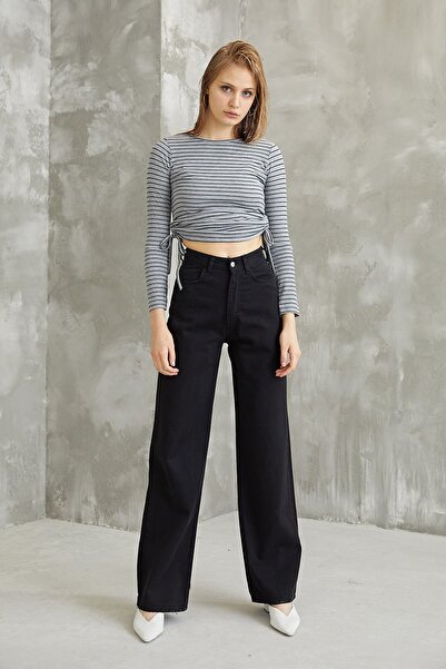 Viola Black Jeans نوار فايب هاي ويل أرجل واسعة بلازو أسود