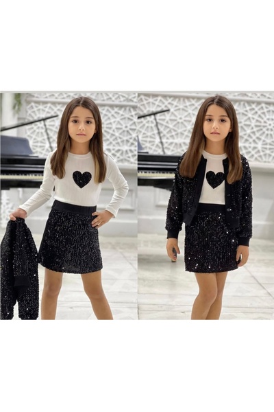 ÖZNUR Kız çocuk pulu etekli takım kalp detaylı
